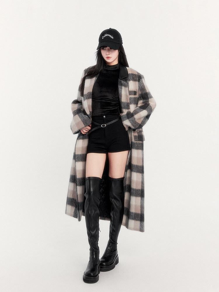 VOCK Vintage Plaid Patchwork Double Breasted Women's Wool Blend Long Coats