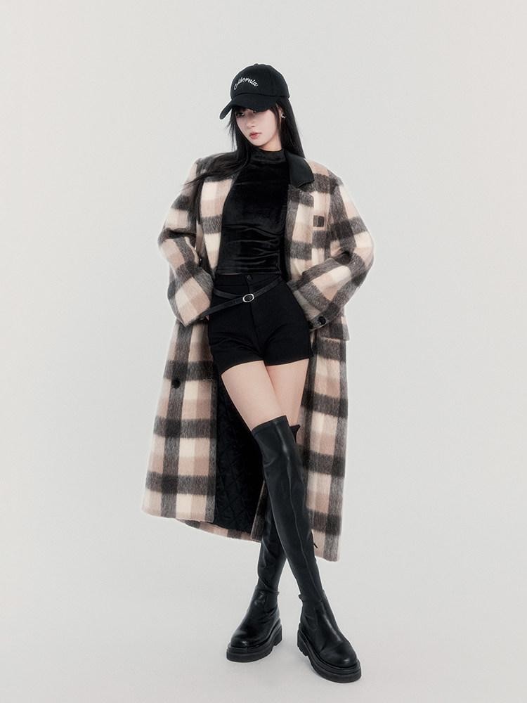 VOCK Vintage Plaid Patchwork Double Breasted Women's Wool Blend Long Coats