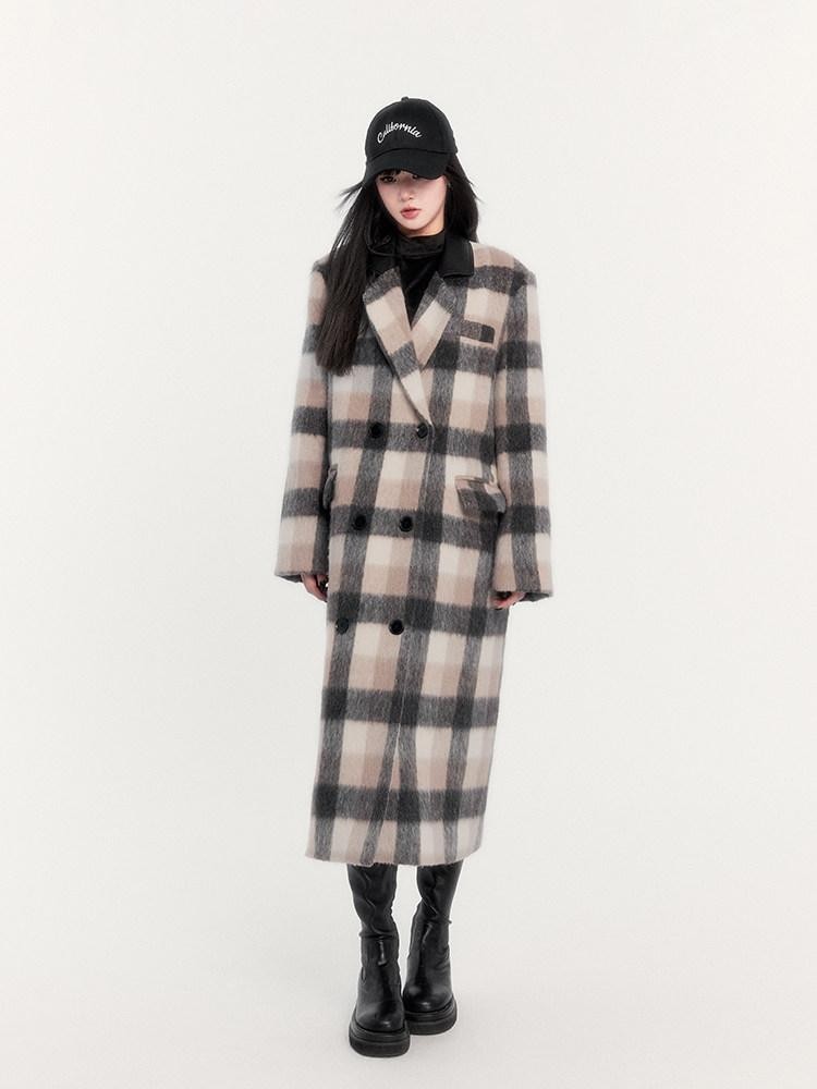 VOCK Vintage Plaid Patchwork Double Breasted Women's Wool Blend Long Coats