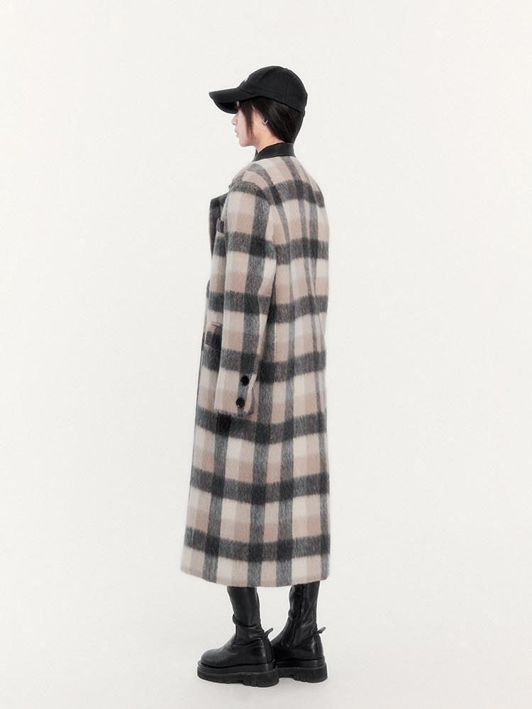 VOCK Vintage Plaid Patchwork Double Breasted Women's Wool Blend Long Coats