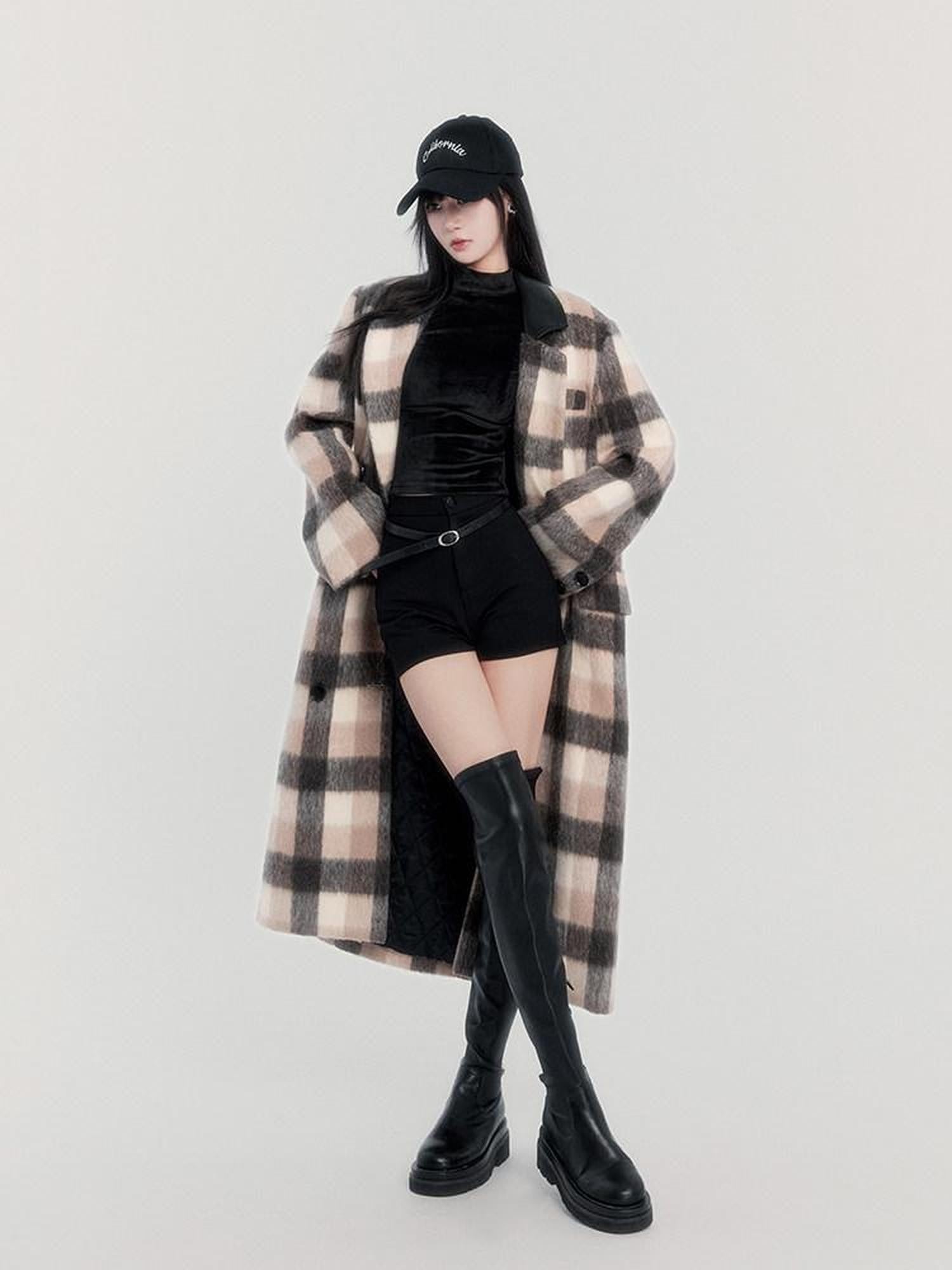 VOCK Vintage Plaid Patchwork Double Breasted Women's Wool Blend Long Coats