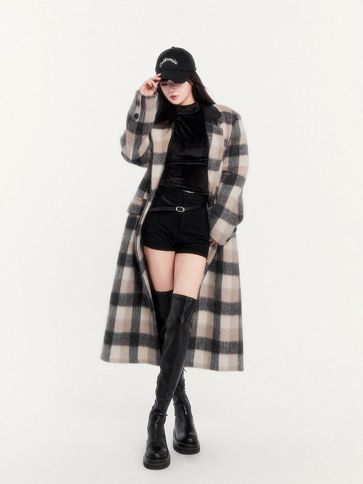 VOCK Vintage Plaid Patchwork Double Breasted Women's Wool Blend Long Coats
