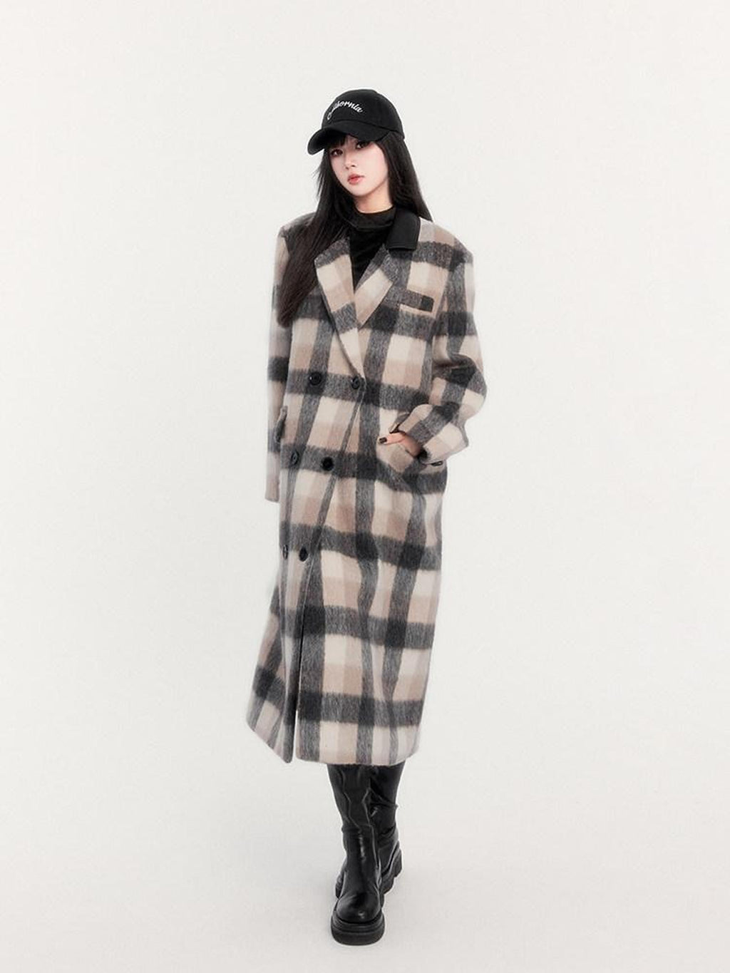 VOCK Vintage Plaid Patchwork Double Breasted Women's Wool Blend Long Coats