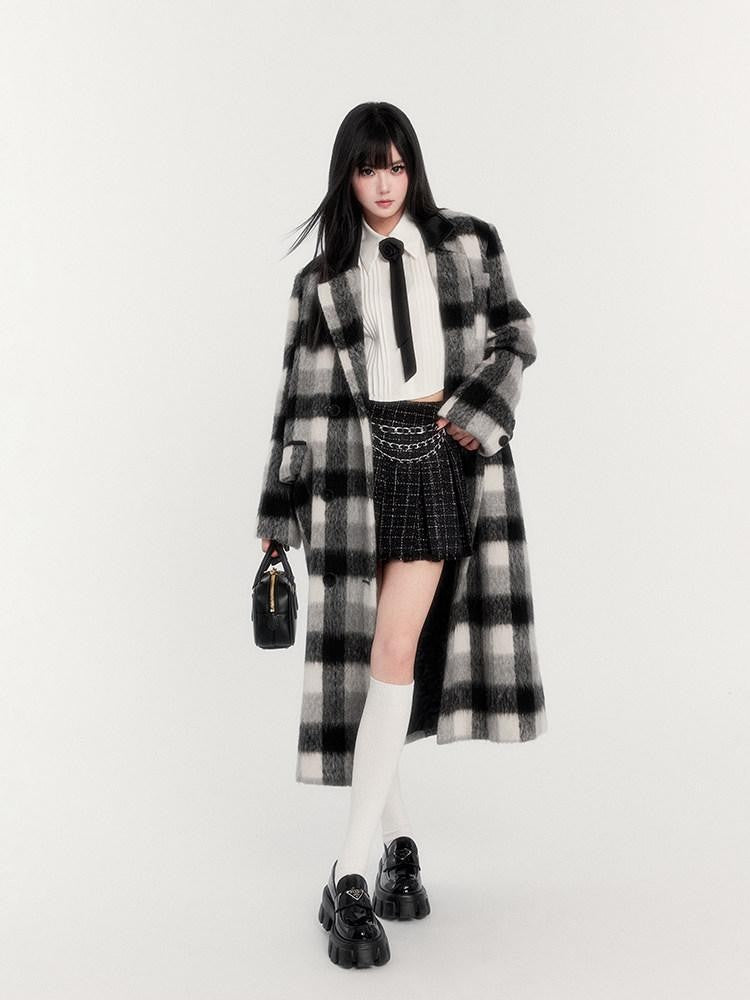VOCK Vintage Plaid Patchwork Double Breasted Women's Wool Blend Long Coats