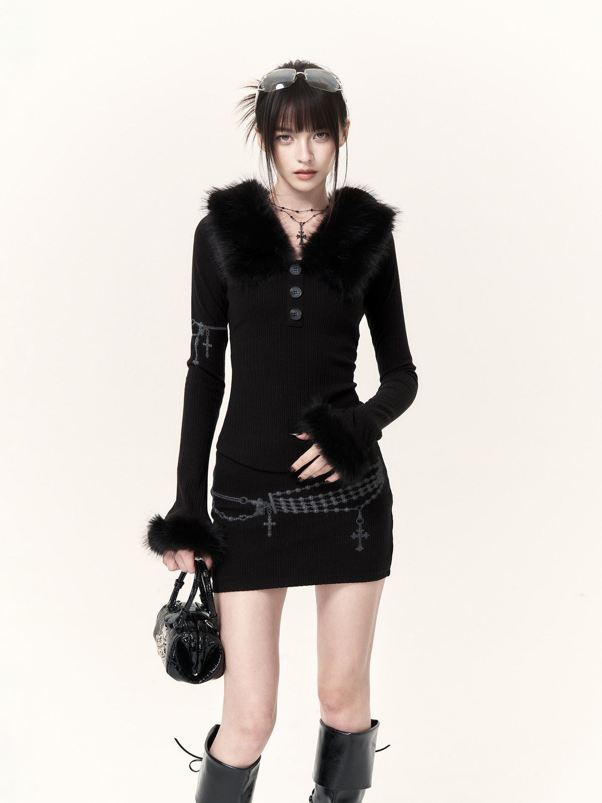 VOCK Vintage Print V-neck Faux Fur Trim Slim Fit Long Sleeve Women's Matching Skirt Sets