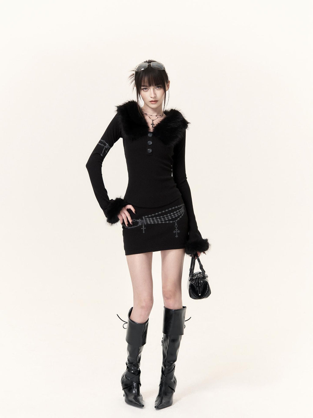 VOCK Vintage Print V-neck Faux Fur Trim Slim Fit Long Sleeve Women's Matching Skirt Sets