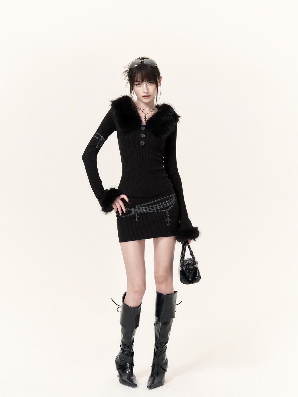 VOCK Vintage Print V-neck Faux Fur Trim Slim Fit Long Sleeve Women's Matching Skirt Sets