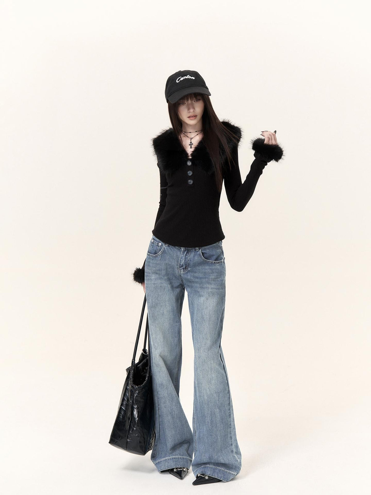 VOCK Vintage Print V-neck Faux Fur Trim Slim Fit Long Sleeve Women's Matching Skirt Sets