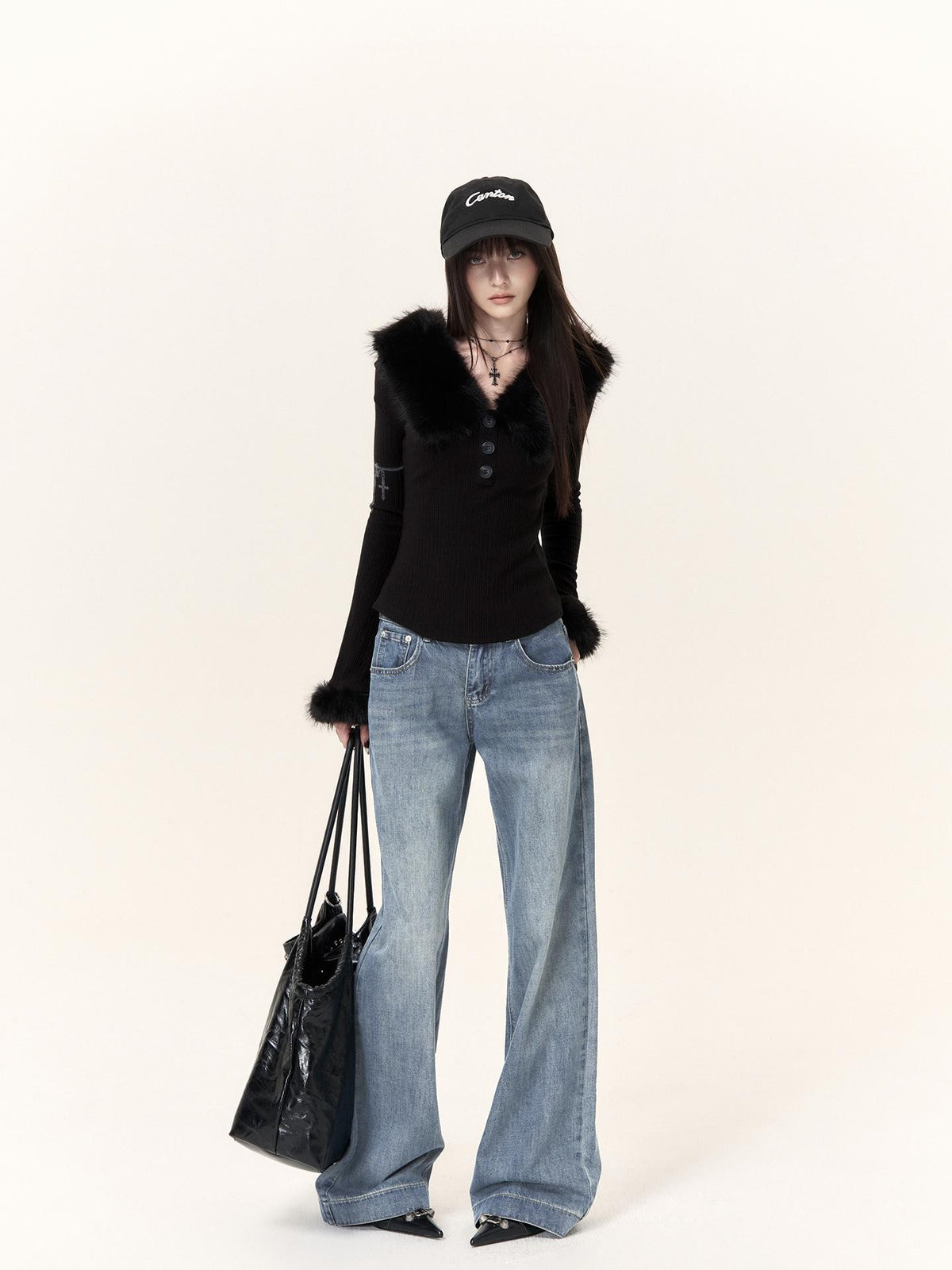 VOCK Vintage Print V-neck Faux Fur Trim Slim Fit Long Sleeve Women's Matching Skirt Sets