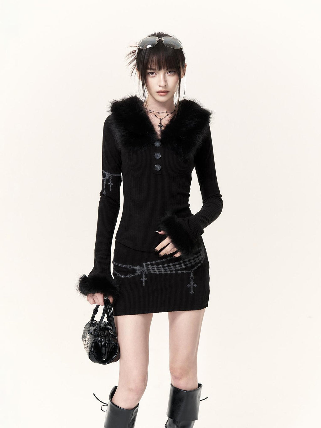 VOCK Vintage Print V-neck Faux Fur Trim Slim Fit Long Sleeve Women's Matching Skirt Sets