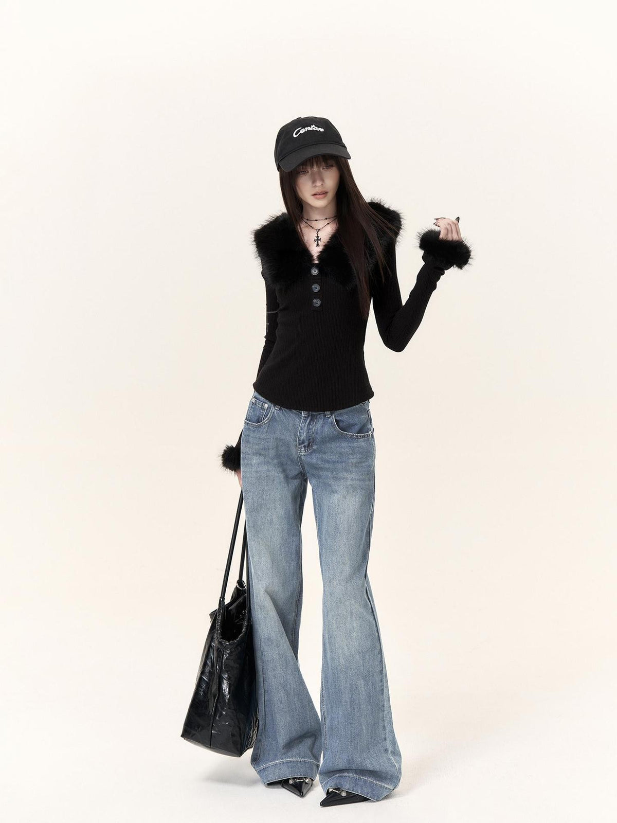 VOCK Vintage Print V-neck Faux Fur Trim Slim Fit Long Sleeve Women's Matching Skirt Sets
