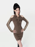 VOCK Vintage Striped Off Shoulder Tie Waist Women's Poly Cotton Bodycon Mini Dresses