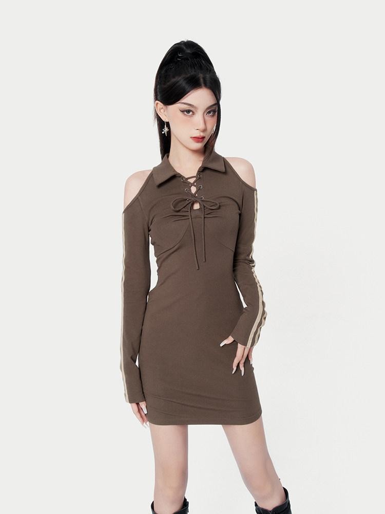 VOCK Vintage Striped Off Shoulder Tie Waist Women's Poly Cotton Bodycon Mini Dresses