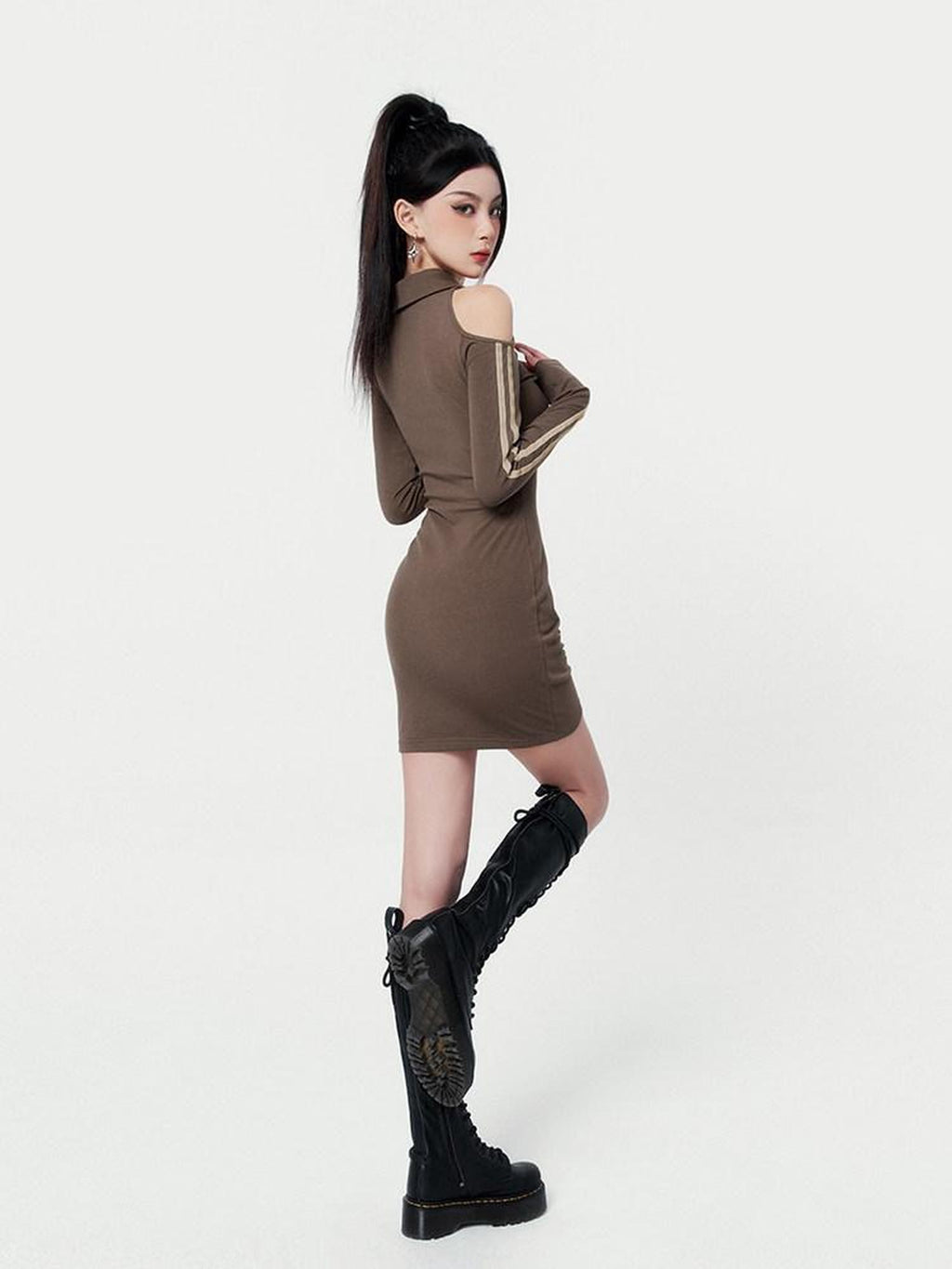 VOCK Vintage Striped Off Shoulder Tie Waist Women's Poly Cotton Bodycon Mini Dresses