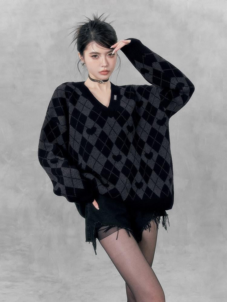 VOCK Vintage Sweetheart Argyle V-neck Oversized Women's Acrylic Pullover Sweaters