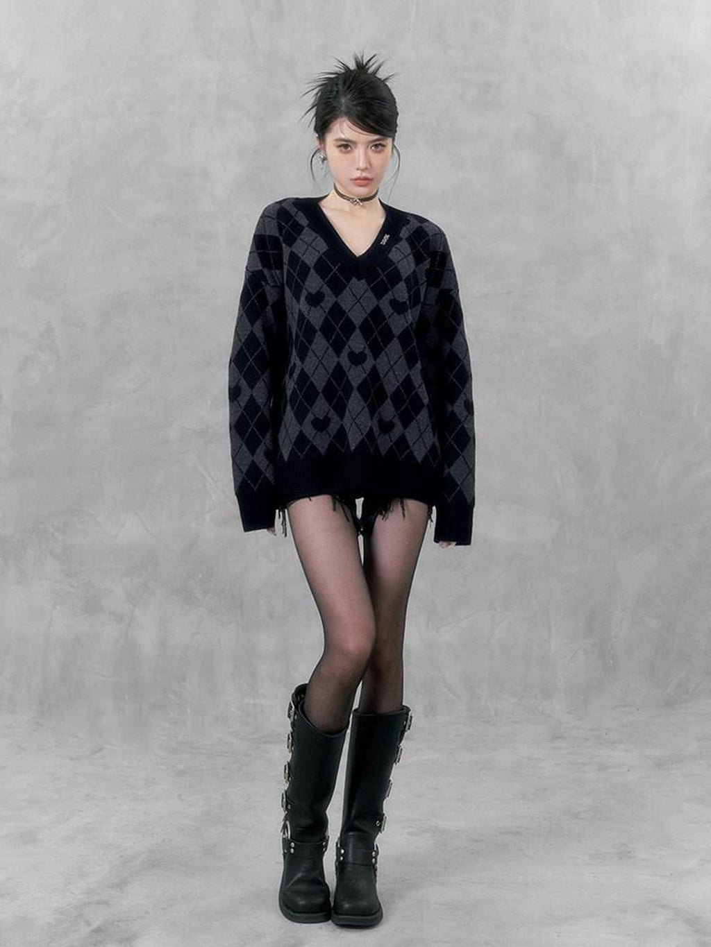 VOCK Vintage Sweetheart Argyle V-neck Oversized Women's Acrylic Pullover Sweaters