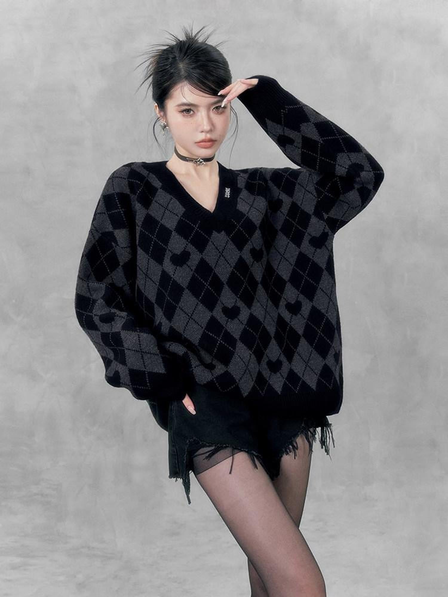 VOCK Vintage Sweetheart Argyle V-neck Oversized Women's Acrylic Pullover Sweaters
