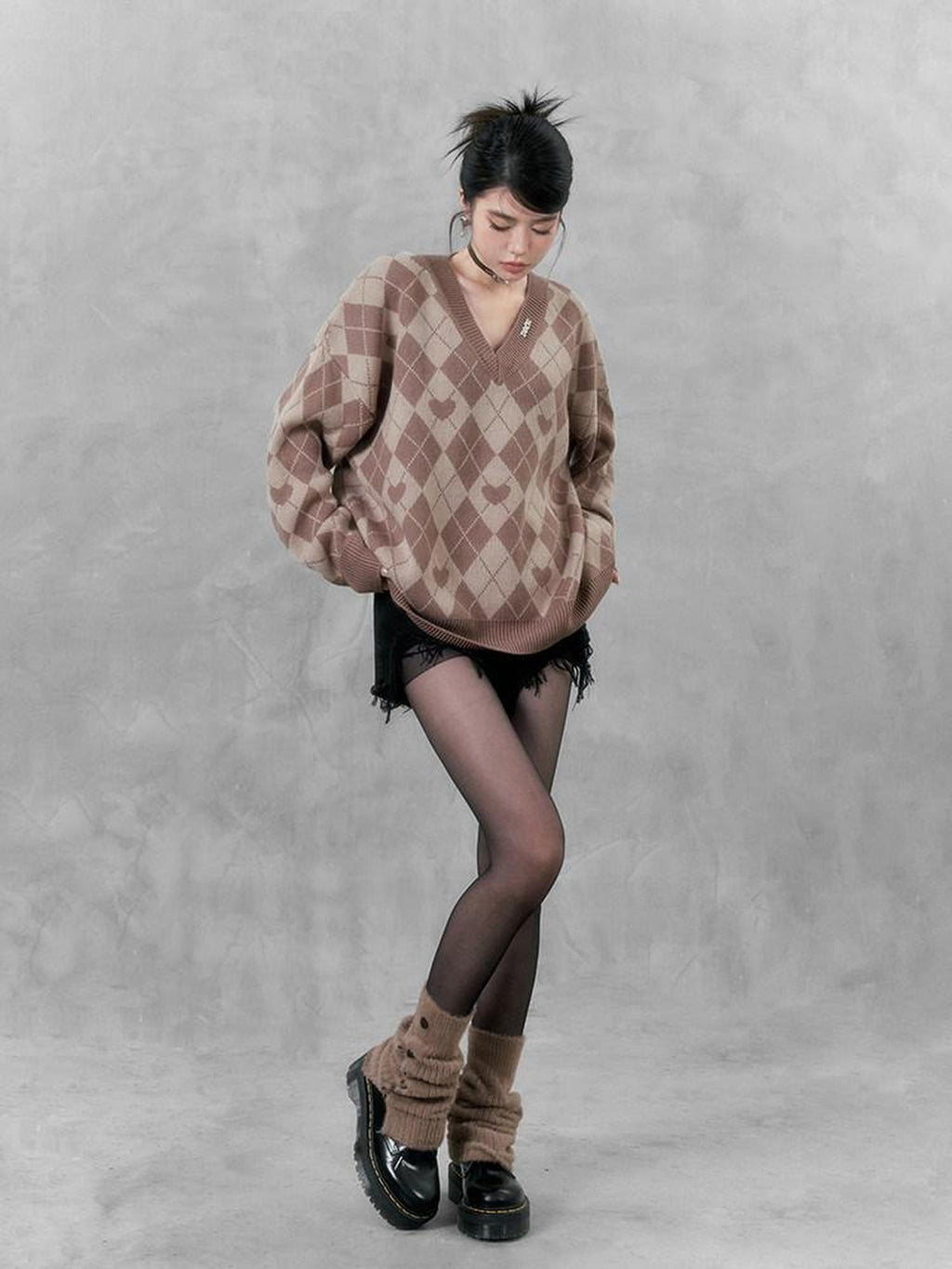 VOCK Vintage Sweetheart Argyle V-neck Oversized Women's Acrylic Pullover Sweaters