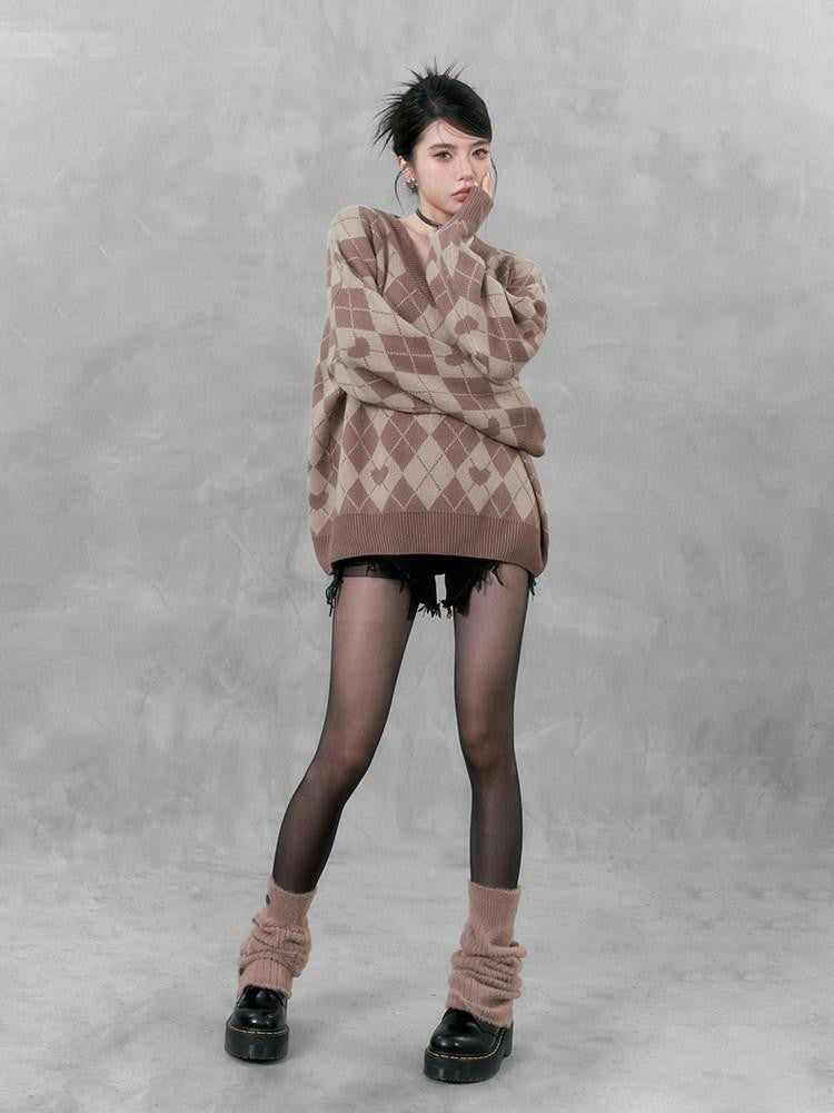VOCK Vintage Sweetheart Argyle V-neck Oversized Women's Acrylic Pullover Sweaters