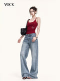 VOCK Washed Distressed Retro Natural Waist Women's Denim Wide-leg Jeans