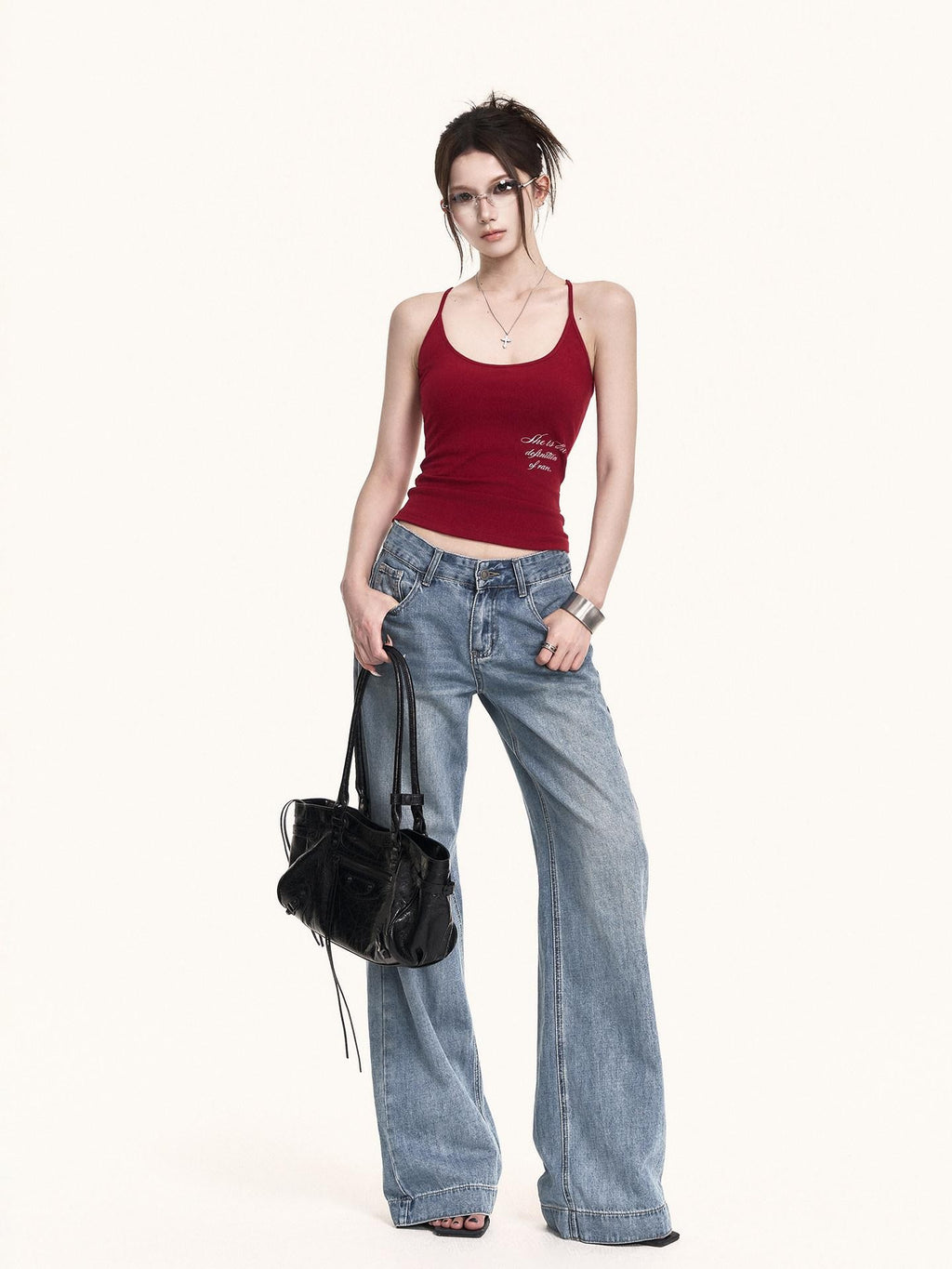 VOCK Washed Distressed Retro Natural Waist Women's Denim Wide-leg Jeans