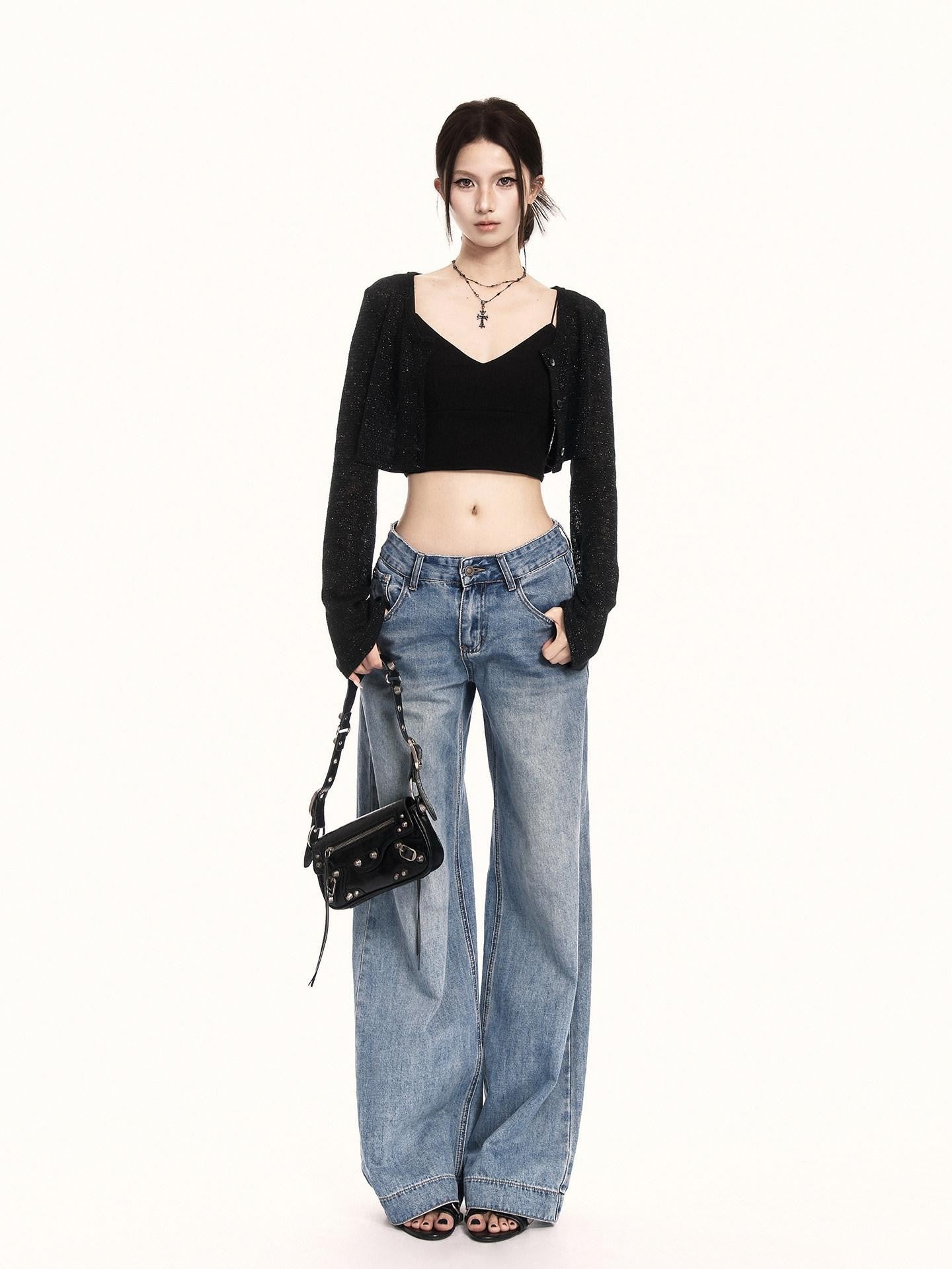 VOCK Washed Distressed Retro Natural Waist Women's Denim Wide-leg Jeans
