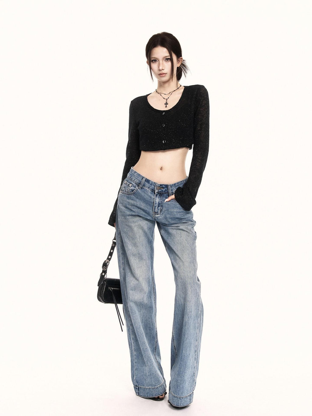 VOCK Washed Distressed Retro Natural Waist Women's Denim Wide-leg Jeans