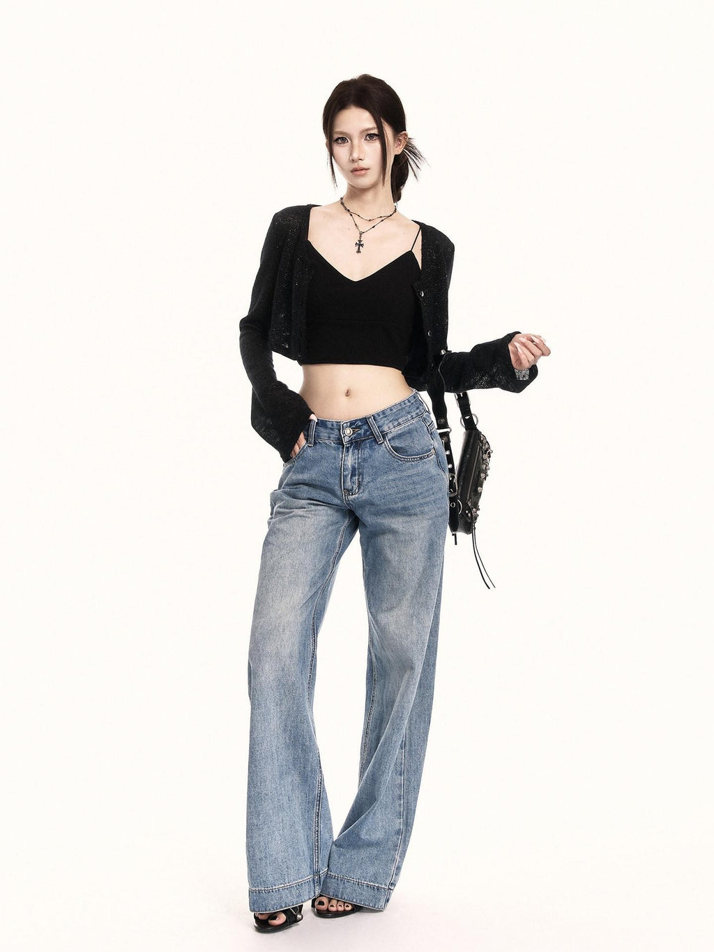 VOCK Washed Distressed Retro Natural Waist Women's Denim Wide-leg Jeans