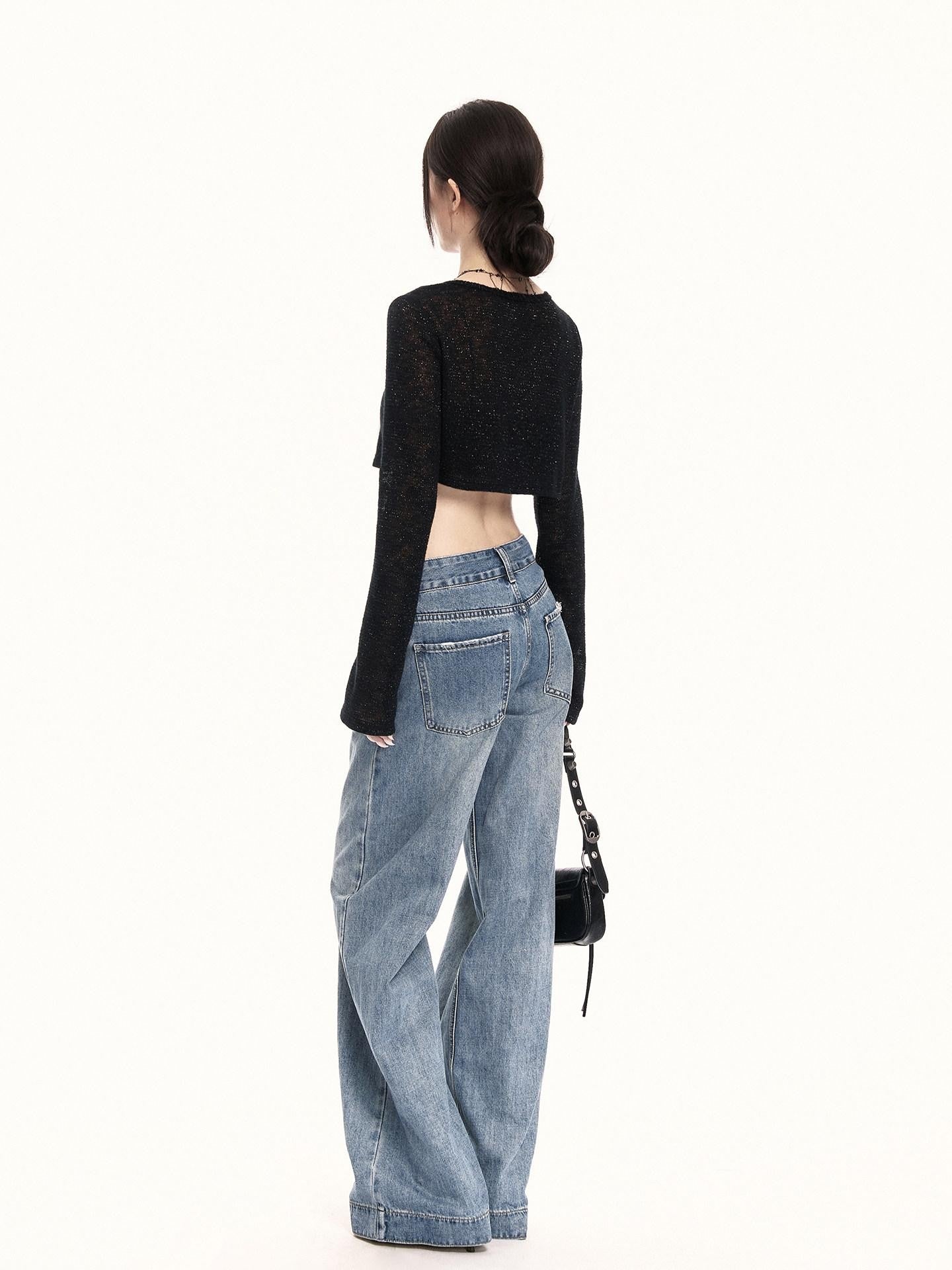 VOCK Washed Distressed Retro Natural Waist Women's Denim Wide-leg Jeans