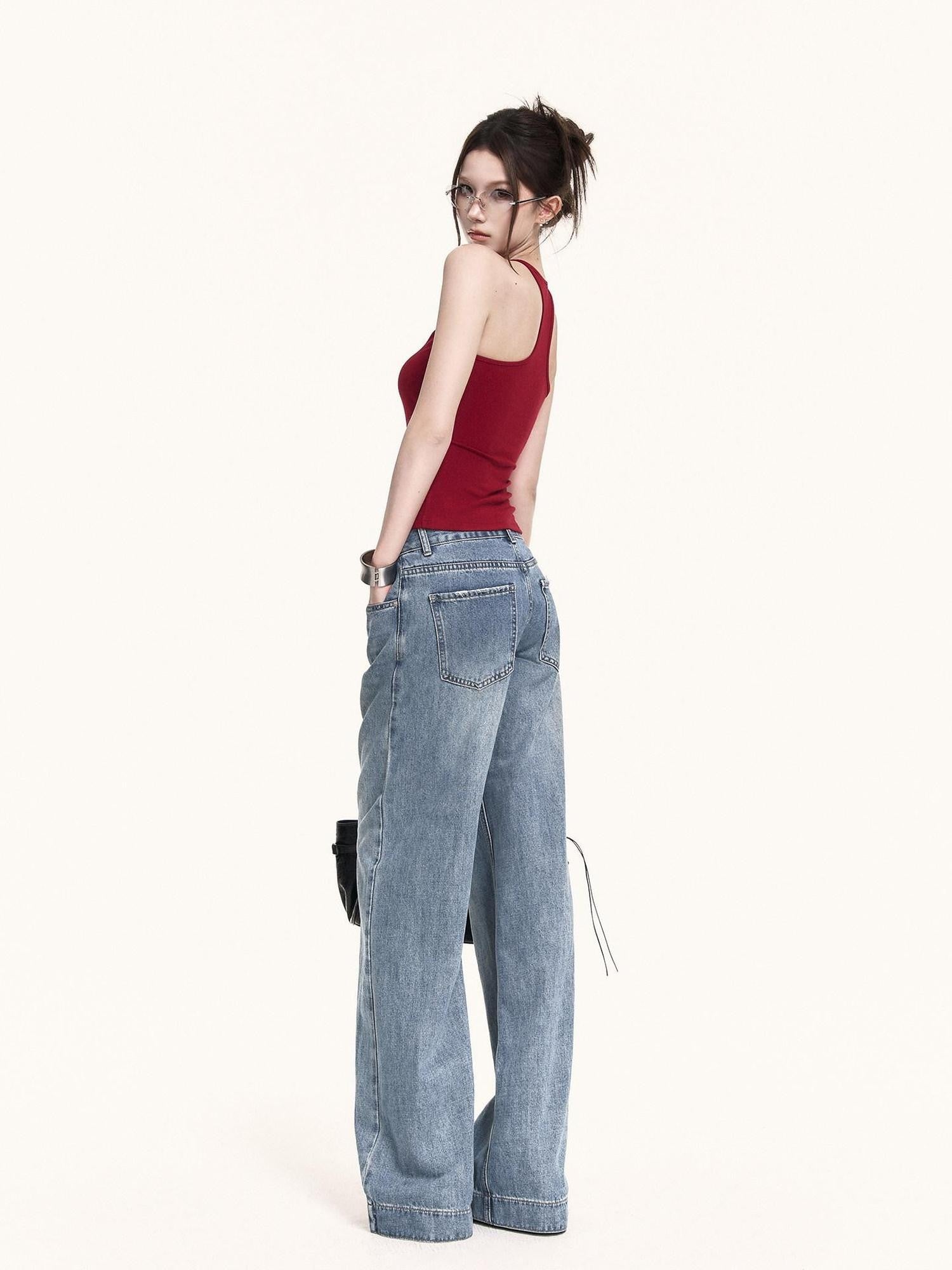 VOCK Washed Distressed Retro Natural Waist Women's Denim Wide-leg Jeans