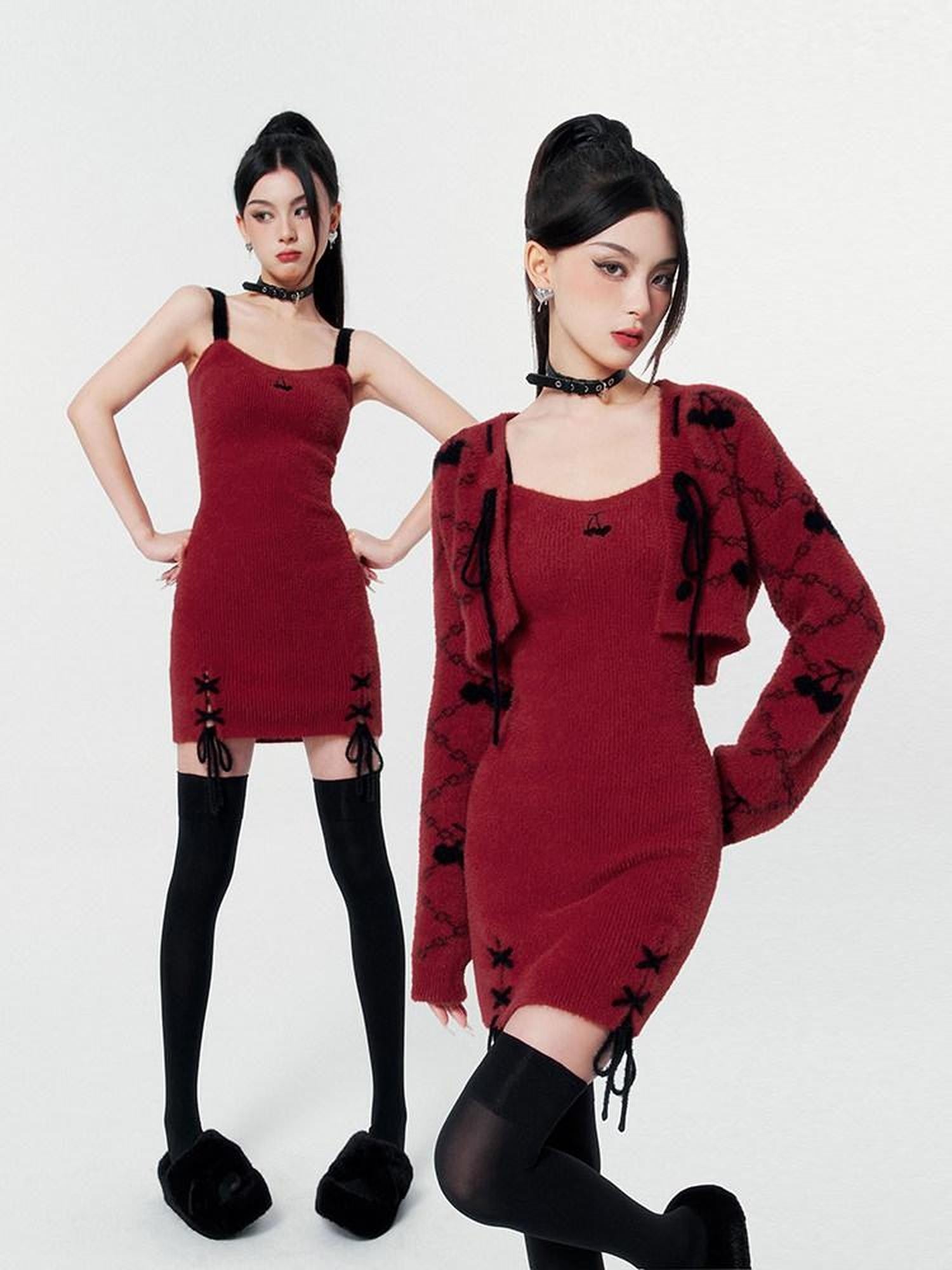 VOCK Wine Red V-neck Tie Strap Two Piece Women's Nylon Knit Slip Mini Dresses