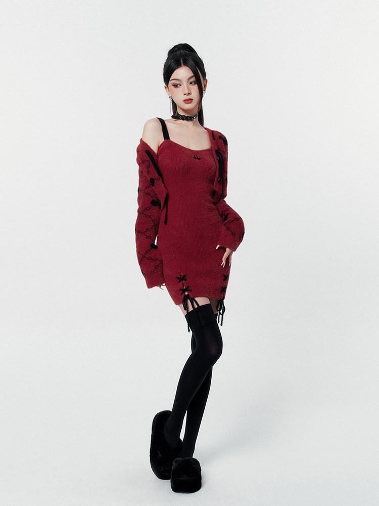 VOCK Wine Red V-neck Tie Strap Two Piece Women's Nylon Knit Slip Mini Dresses