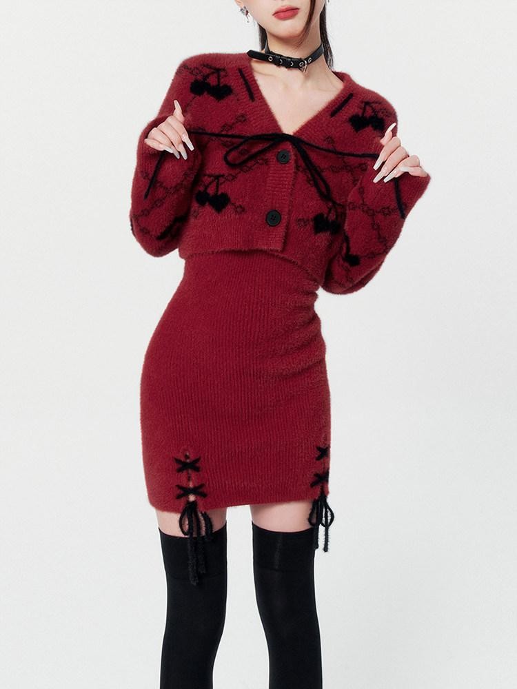 VOCK Wine Red V-neck Tie Strap Two Piece Women's Nylon Knit Slip Mini Dresses