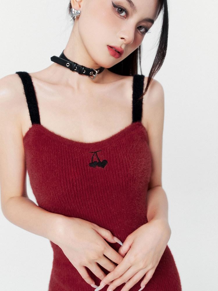 VOCK Wine Red V-neck Tie Strap Two Piece Women's Nylon Knit Slip Mini Dresses