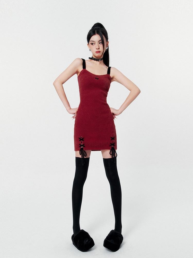 VOCK Wine Red V-neck Tie Strap Two Piece Women's Nylon Knit Slip Mini Dresses