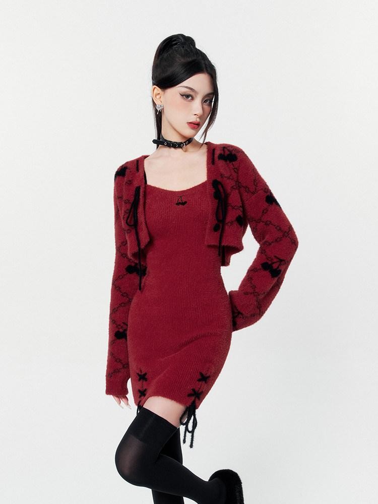 VOCK Wine Red V-neck Tie Strap Two Piece Women's Nylon Knit Slip Mini Dresses