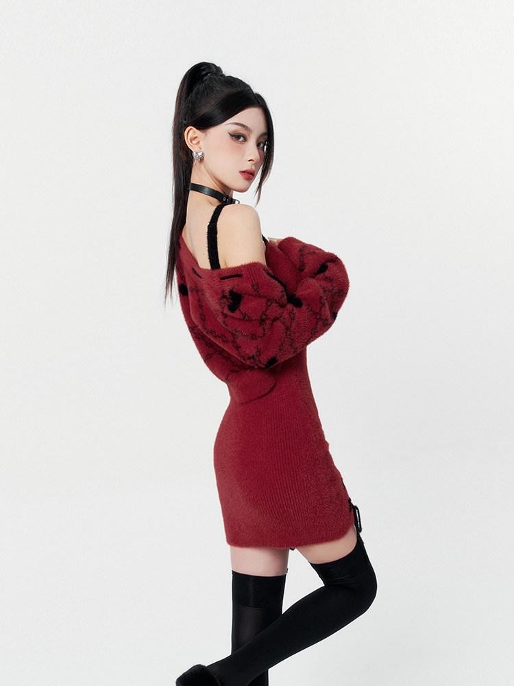 VOCK Wine Red V-neck Tie Strap Two Piece Women's Nylon Knit Slip Mini Dresses
