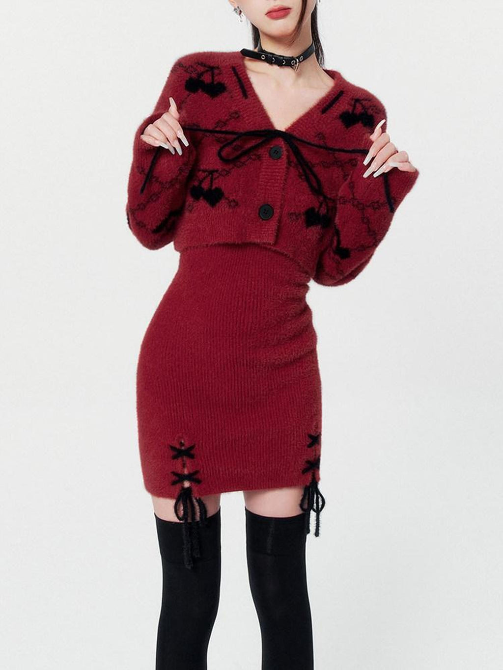 VOCK Wine Red V-neck Tie Strap Two Piece Women's Nylon Knit Slip Mini Dresses