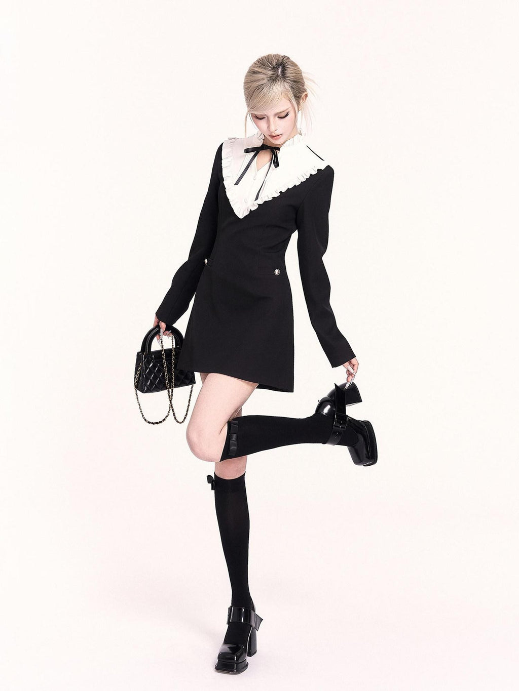 VOCK Wool Cape Spliced Doll Collar Slim Two Piece Women's Casual Mini Dresses