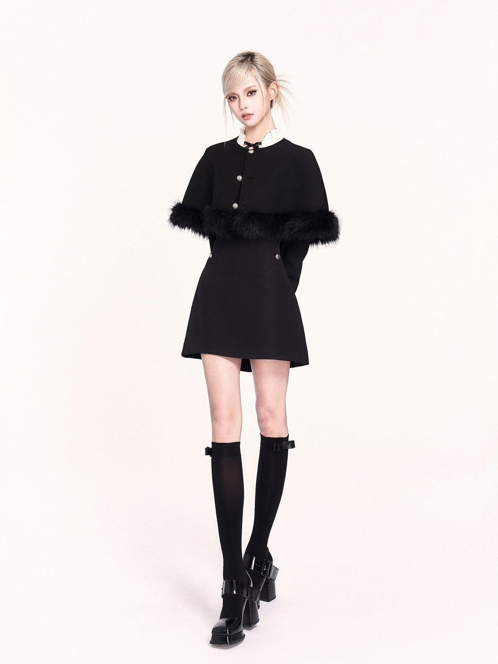 VOCK Wool Cape Spliced Doll Collar Slim Two Piece Women's Casual Mini Dresses