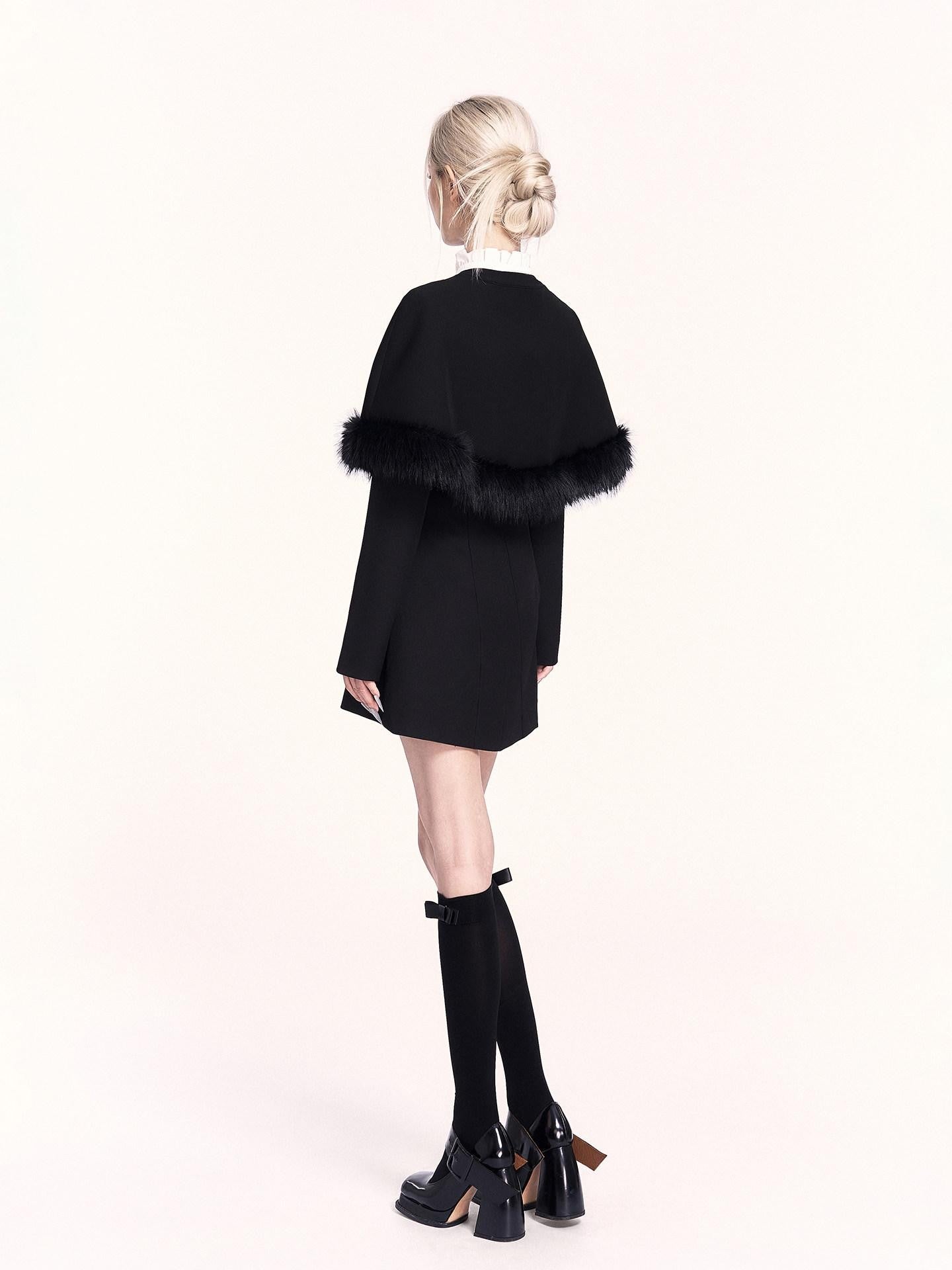 VOCK Wool Cape Spliced Doll Collar Slim Two Piece Women's Casual Mini Dresses
