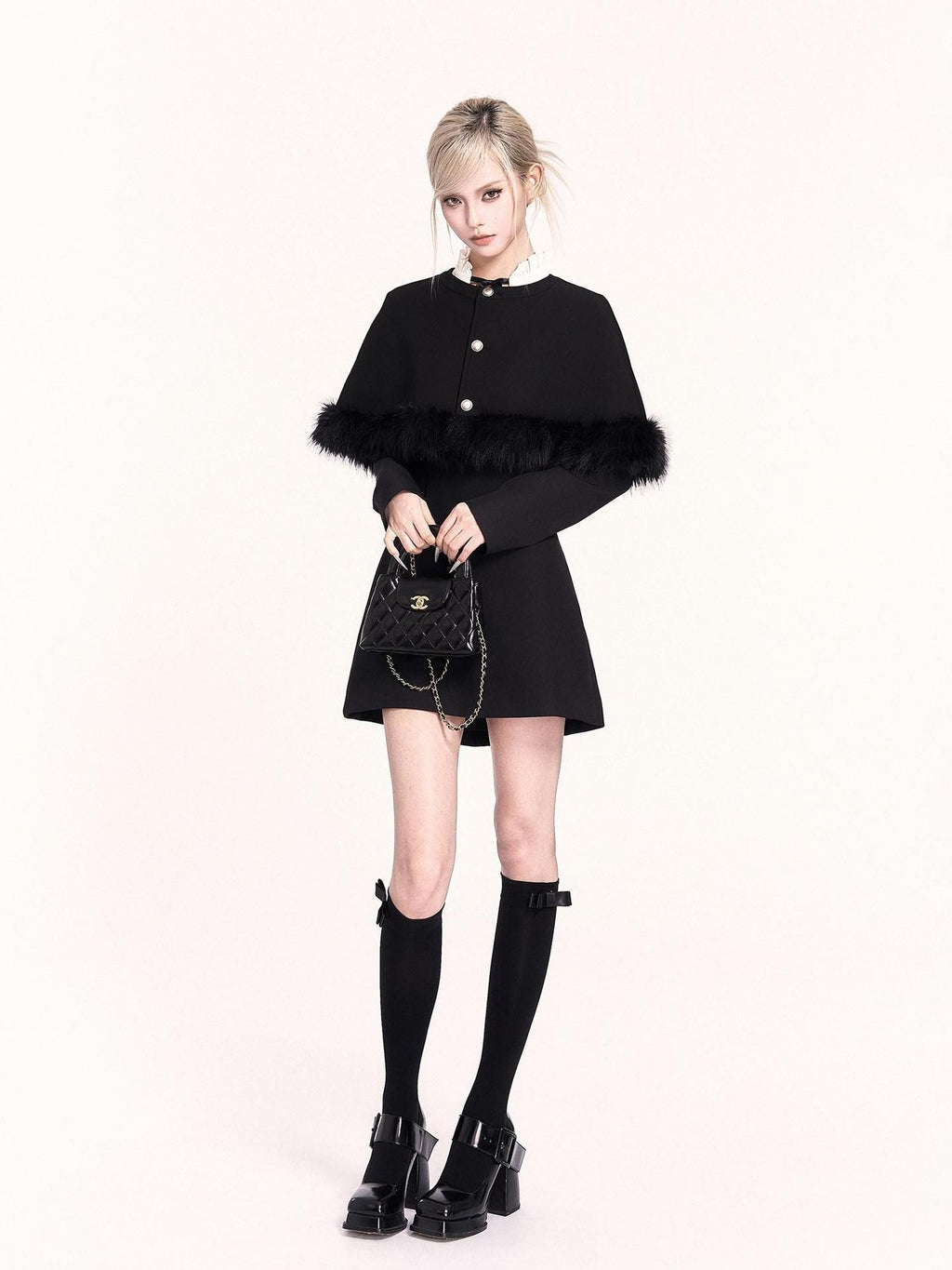VOCK Wool Cape Spliced Doll Collar Slim Two Piece Women's Casual Mini Dresses
