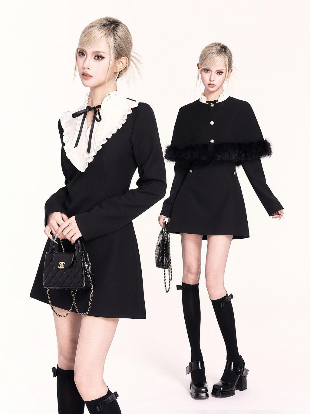 VOCK Wool Cape Spliced Doll Collar Slim Two Piece Women's Casual Mini Dresses