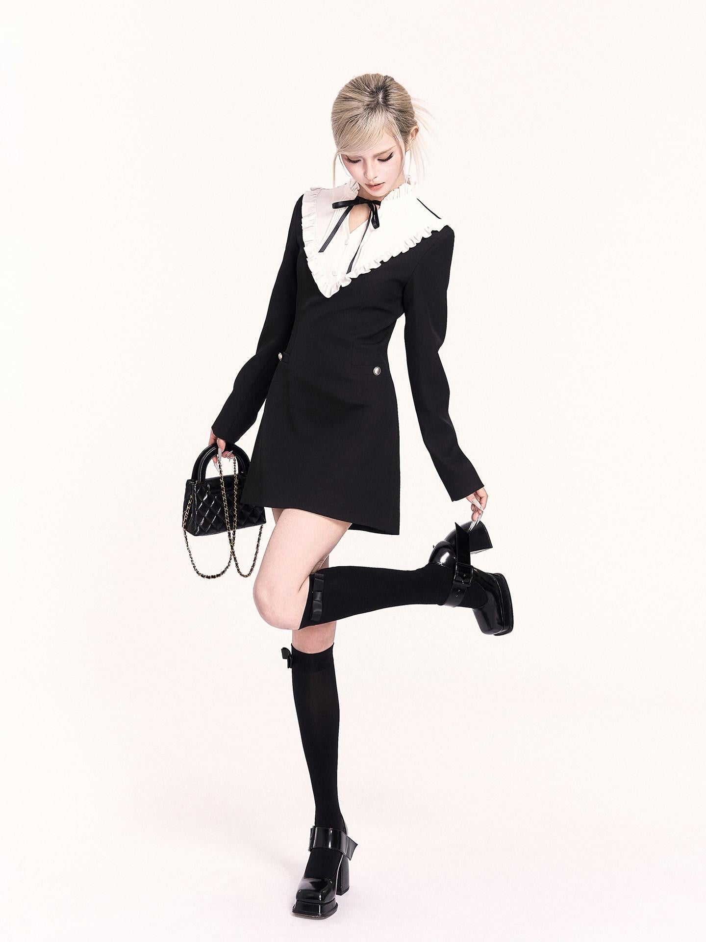 VOCK Wool Cape Spliced Doll Collar Slim Two Piece Women's Casual Mini Dresses