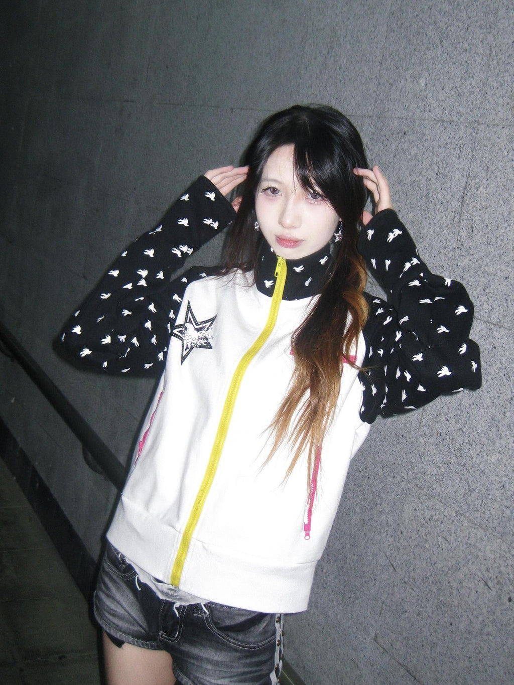 Vinkid Color Block Star Print Raglan Sleeve Zip Up Women's Casual Jackets