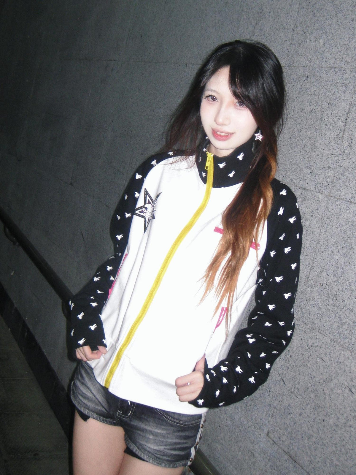 Vinkid Color Block Star Print Raglan Sleeve Zip Up Women's Casual Jackets