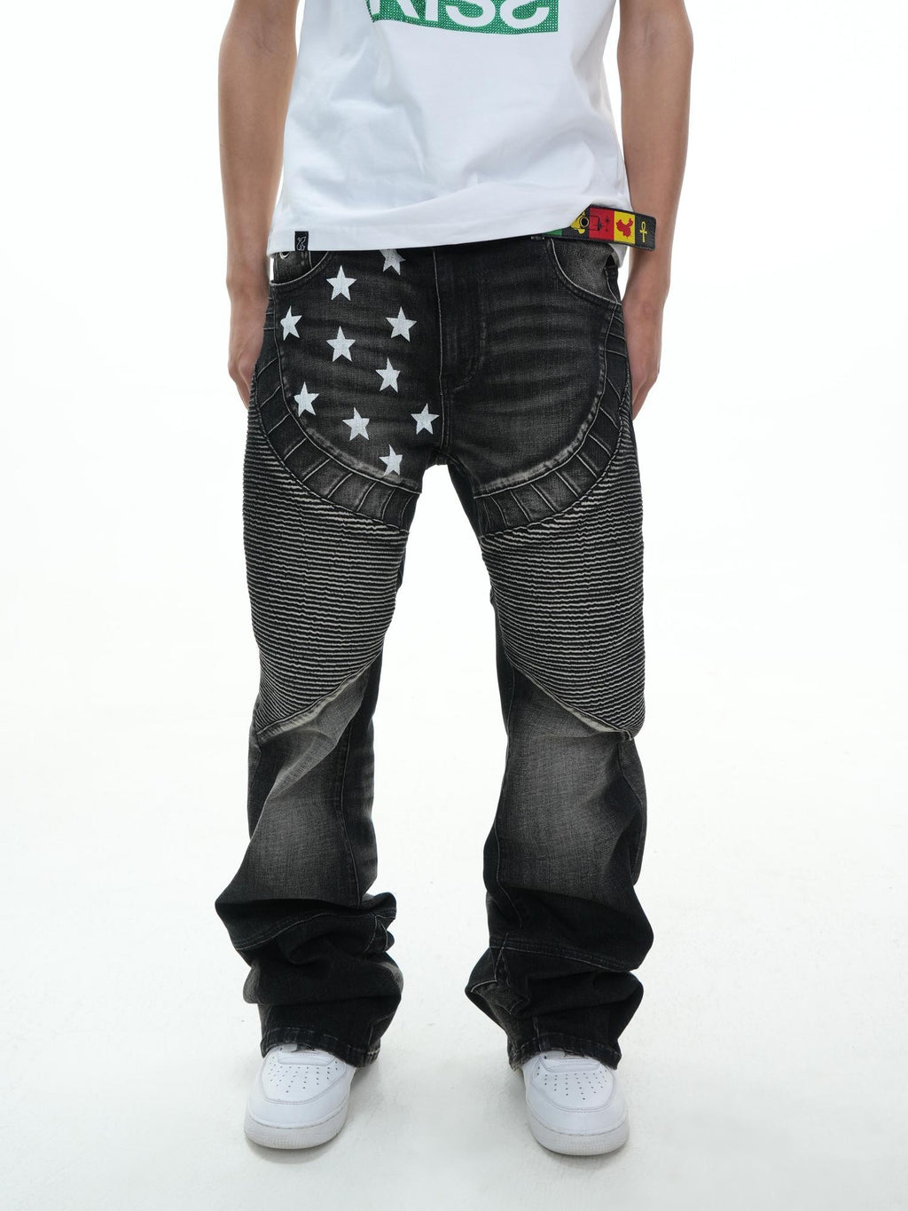 Vinkid Distressed Spliced Letter Print Women's Denim Straight-leg Jeans