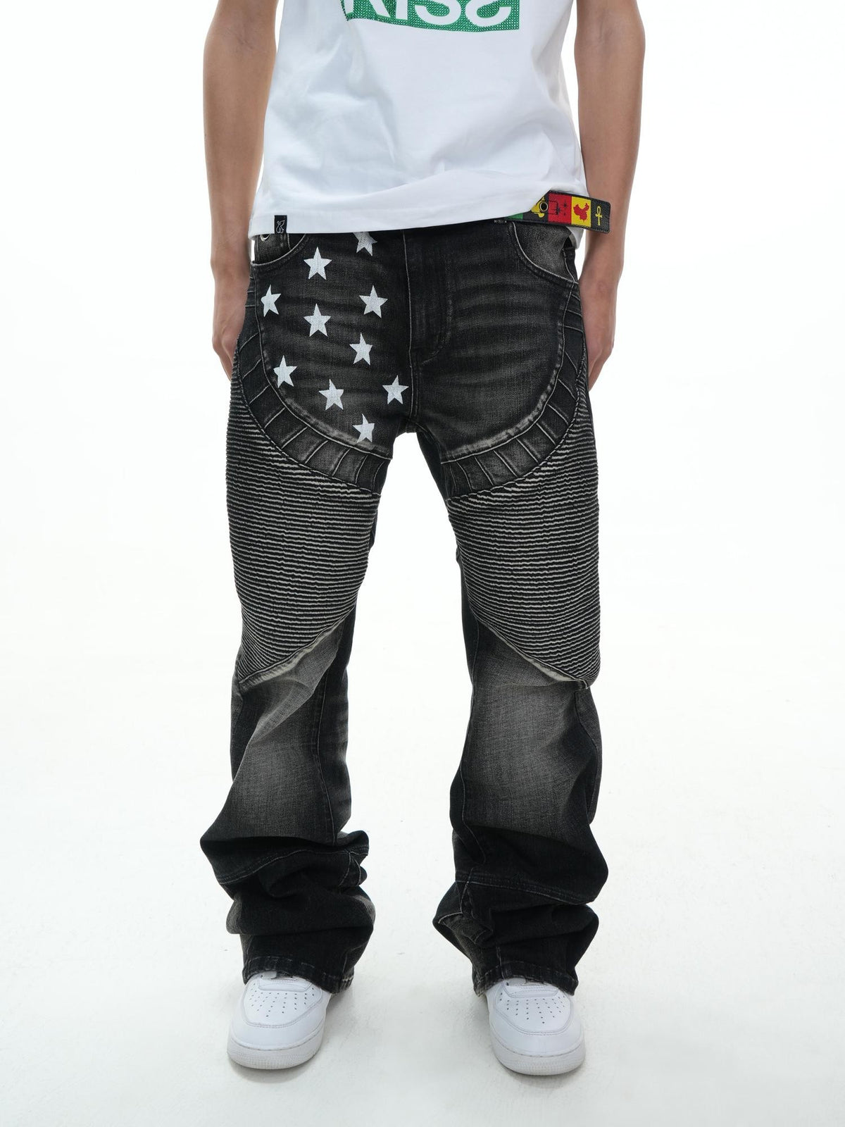 Vinkid Distressed Spliced Letter Print Women's Denim Straight-leg Jeans