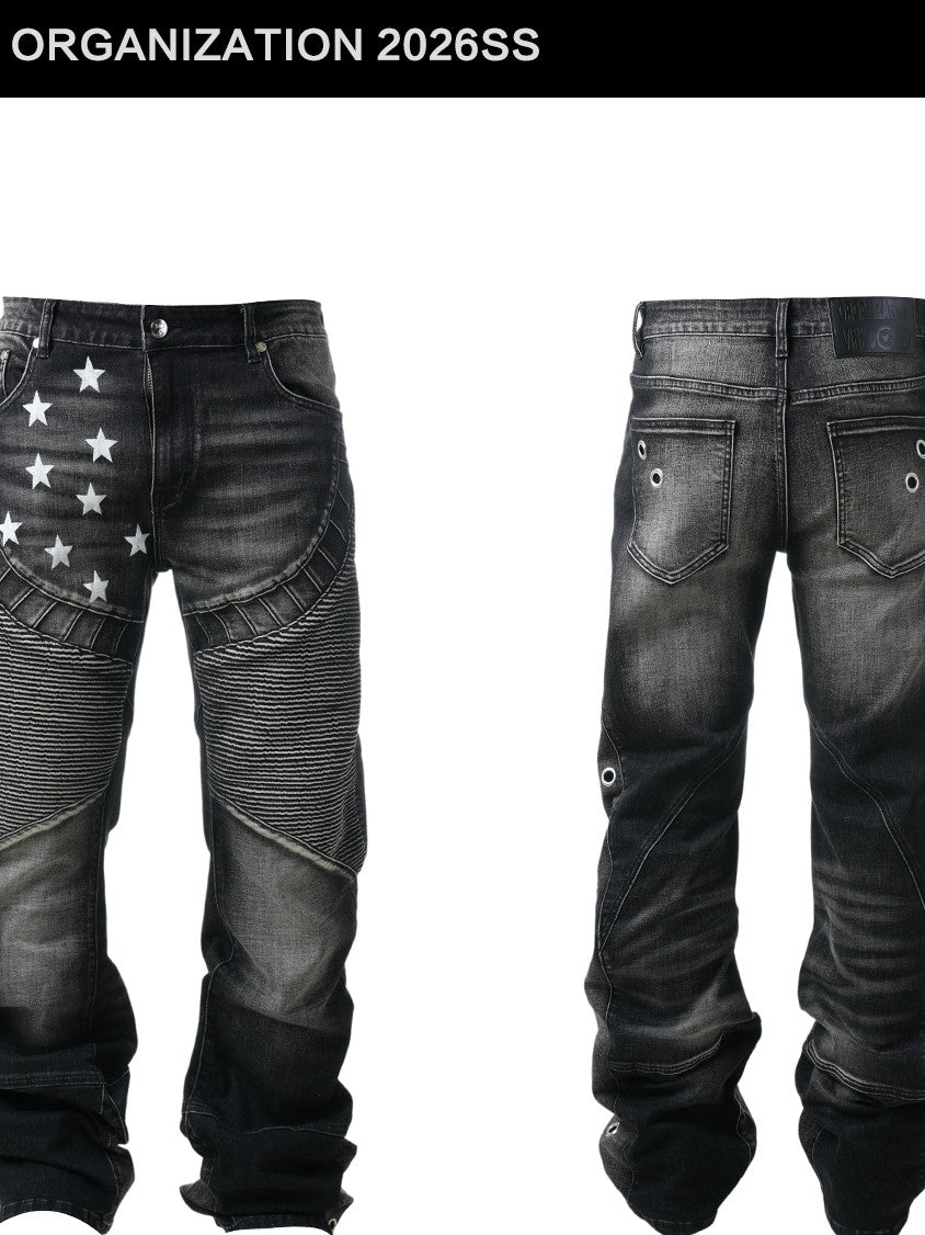 Vinkid Distressed Spliced Letter Print Women's Denim Straight-leg Jeans