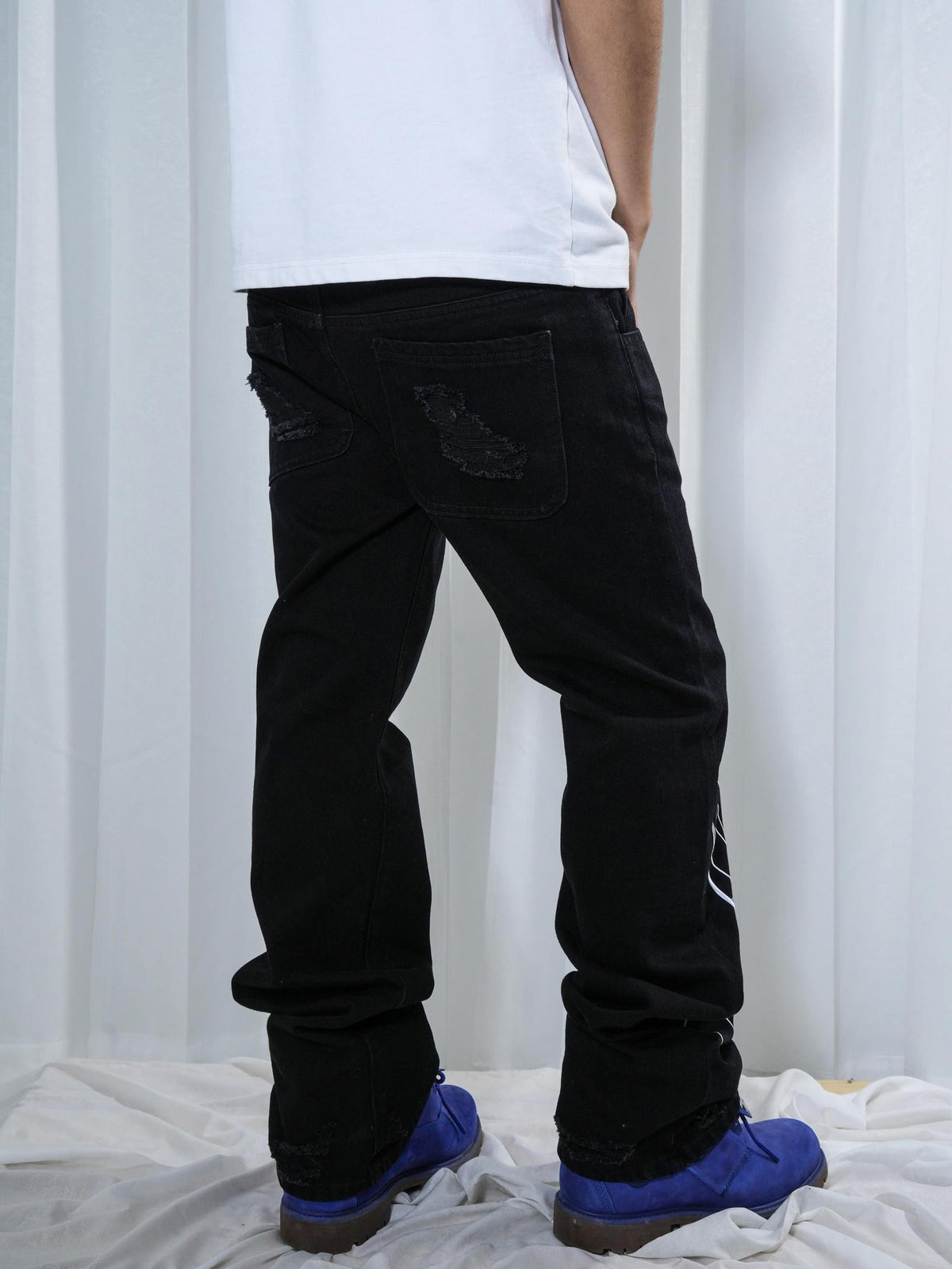 Vinkid Embossed Letter Print Pleated Women's Polyester Straight-leg Jeans